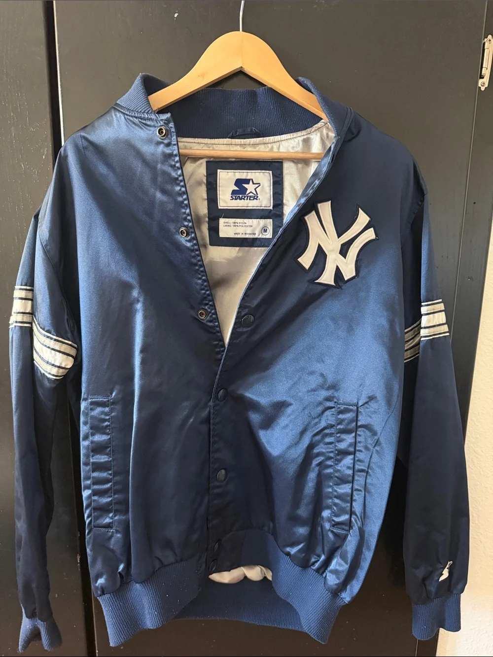 STARTER Navy Satin New York Yankees Bomber Jacket